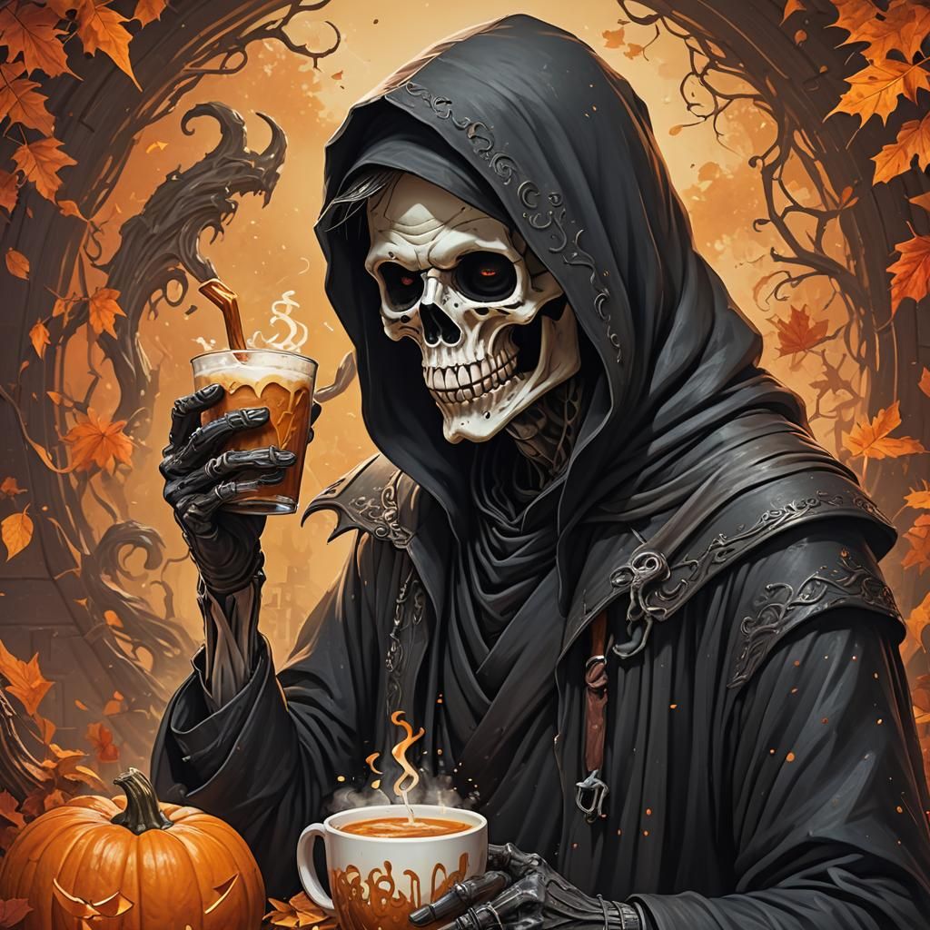 a hipster Grim Reaper, drinking a chai pumpkin spice
