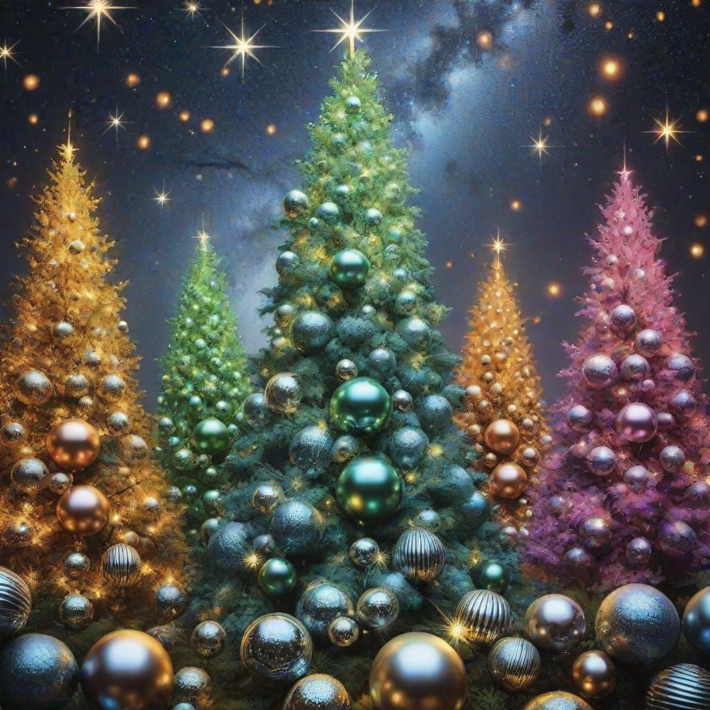 Majestic Spruce Trees Shine Under Starry Night Sky