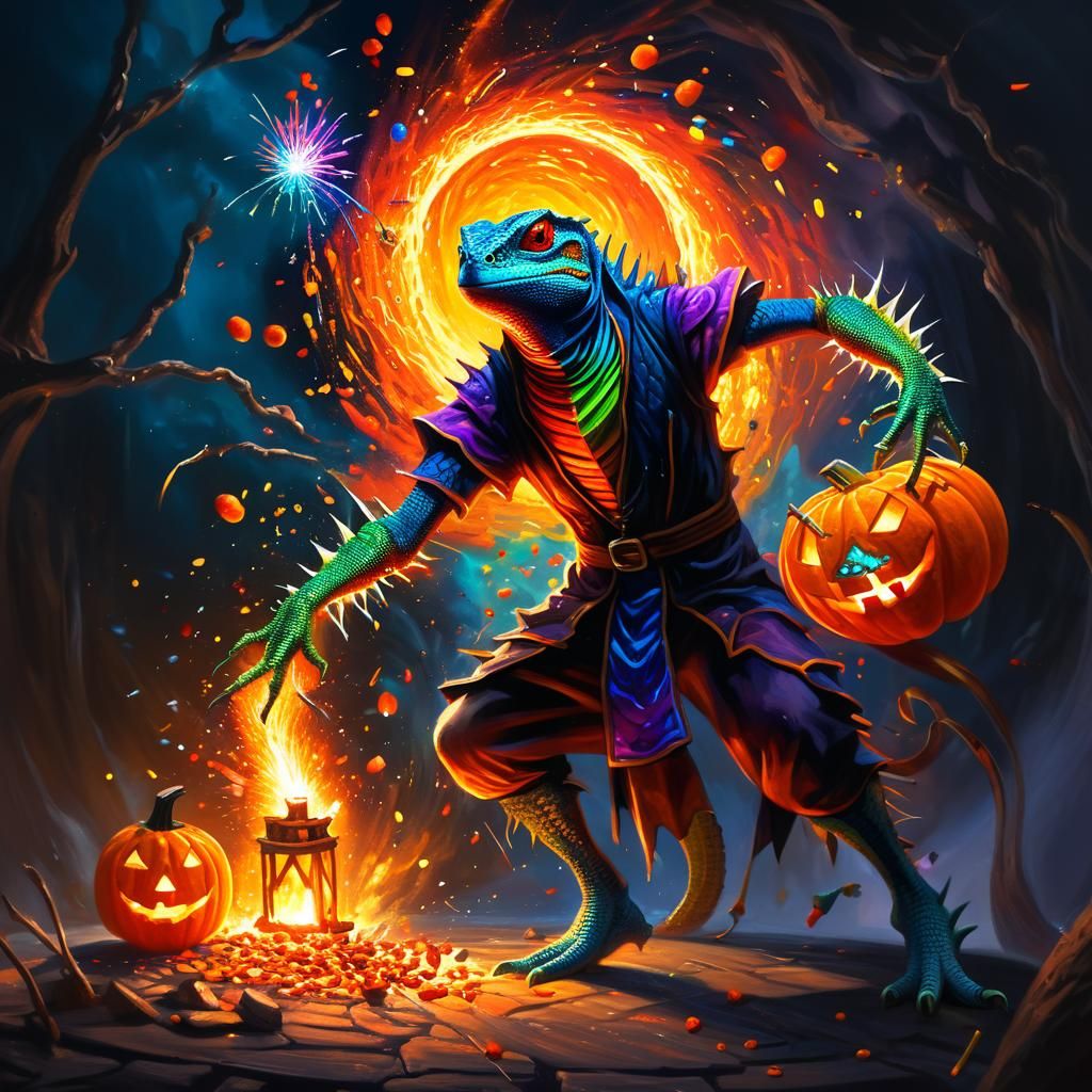 Dark Fantasy Wizard Lizard in Explosive Portal