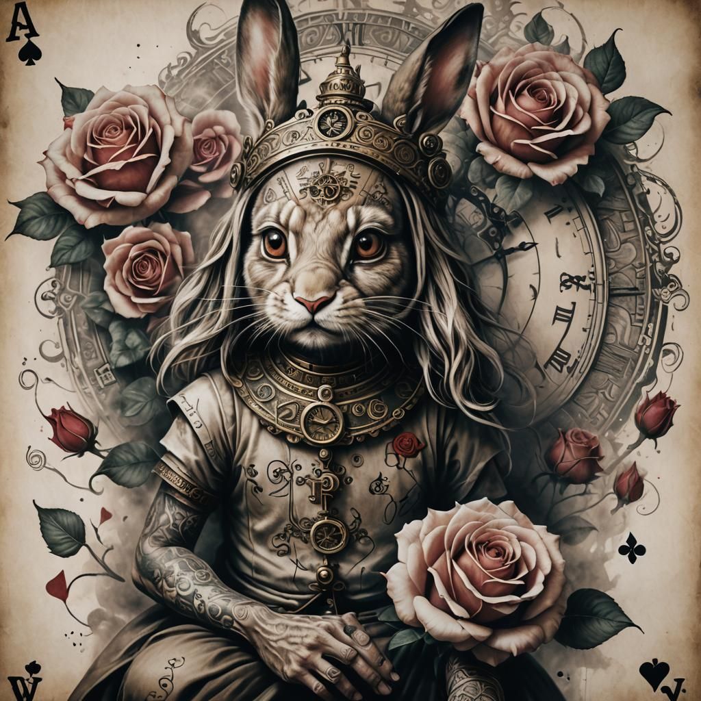 Alice in Wonderland with Buddhist Symbols Tattoo Art