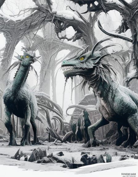 Apocalyptic Landscape Painting with Dragon-like Creature