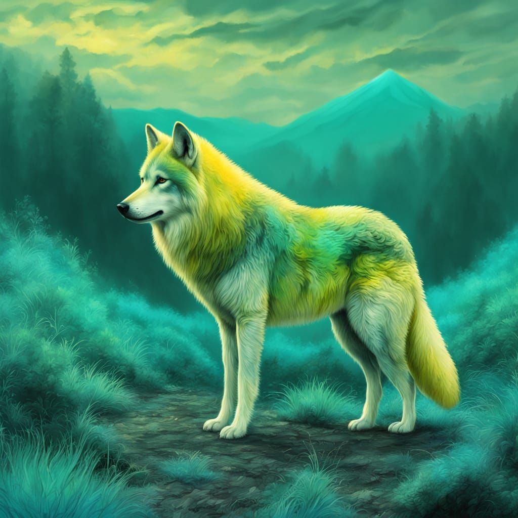 Surrealist Landscape with a Dreamlike Wooly Wolf