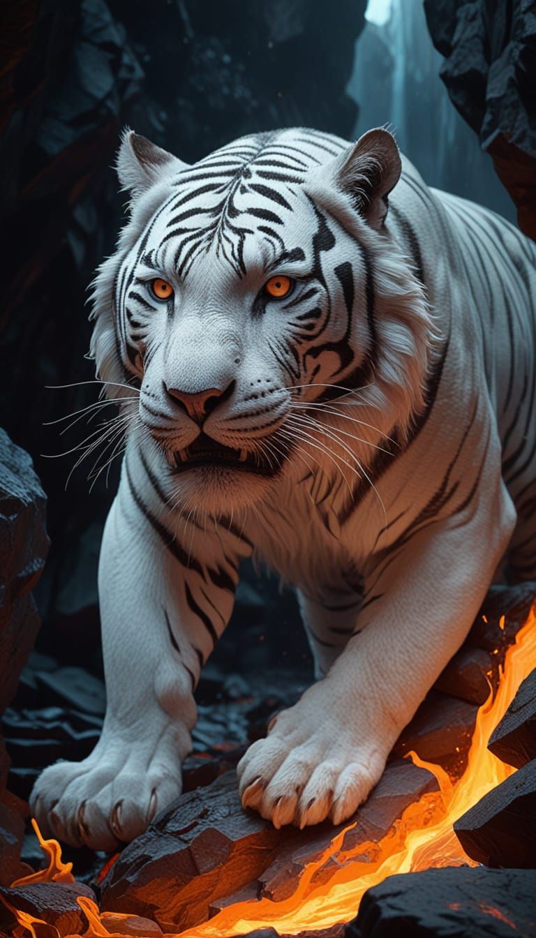 Celestial White Tiger in Volcanic Eruption