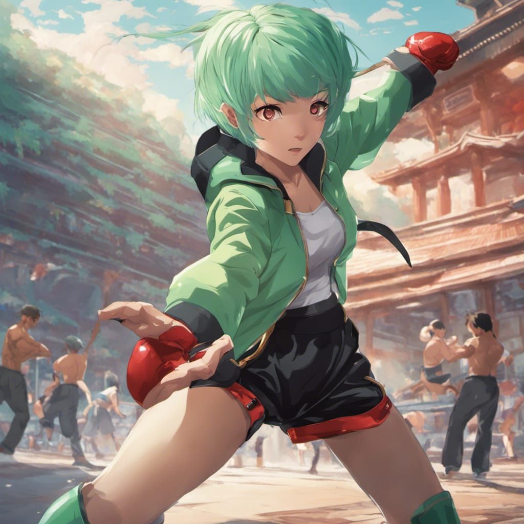 Anime Girl Kickboxing with Mint Green Hair