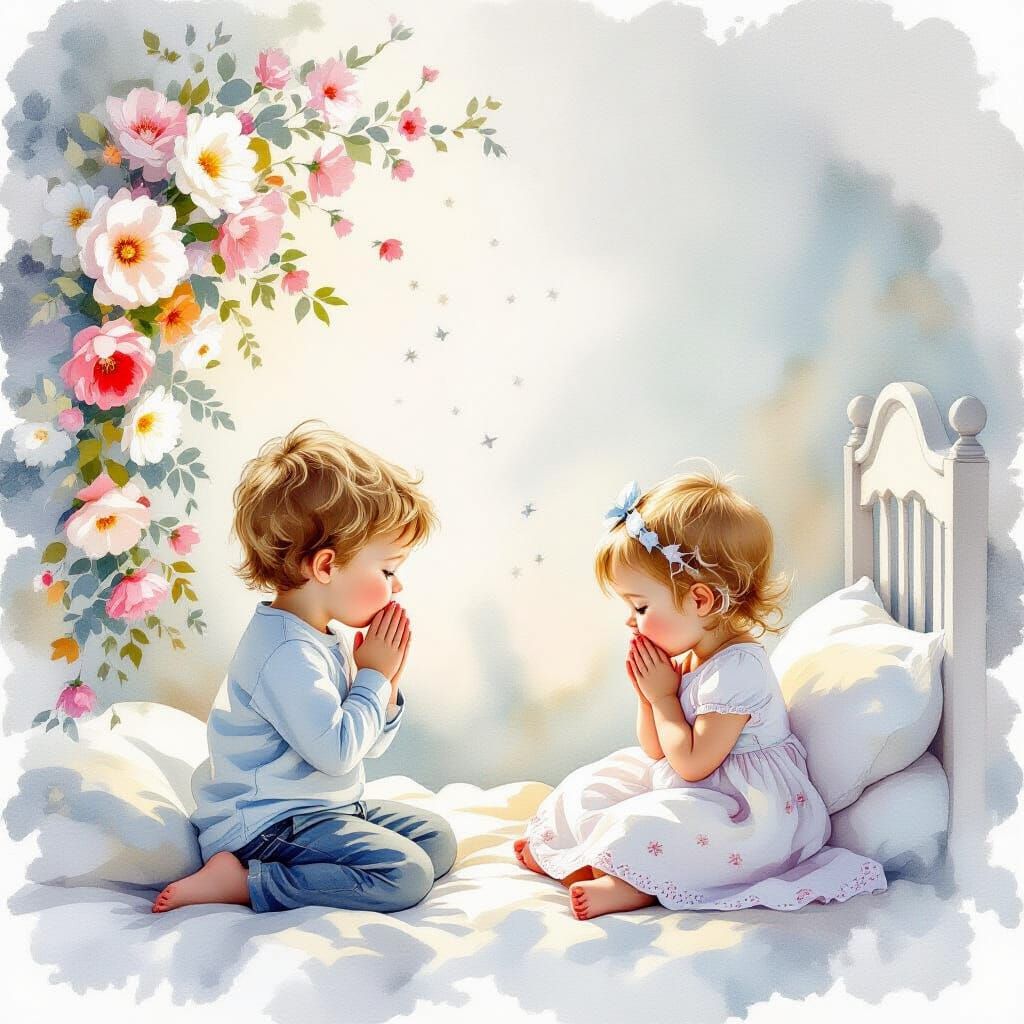 Ethereal Watercolour of Children Praying in Soft Light