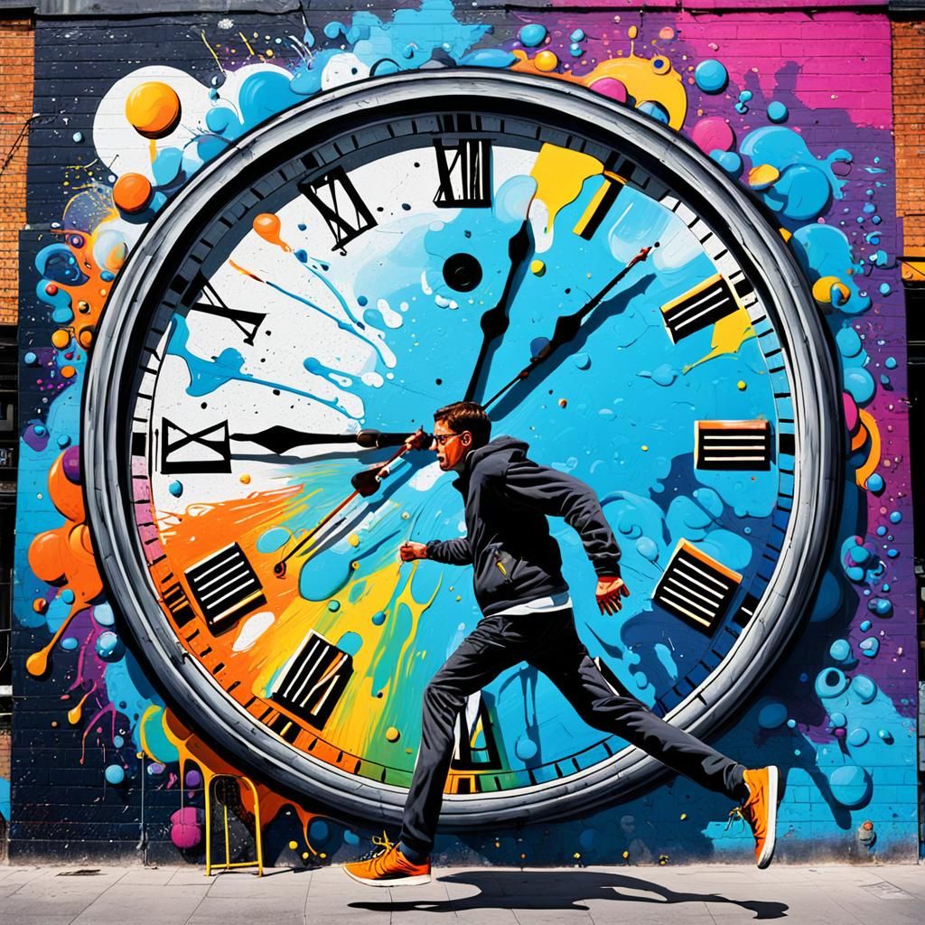 Man Chasing Time: Vibrant Graffiti Street Art