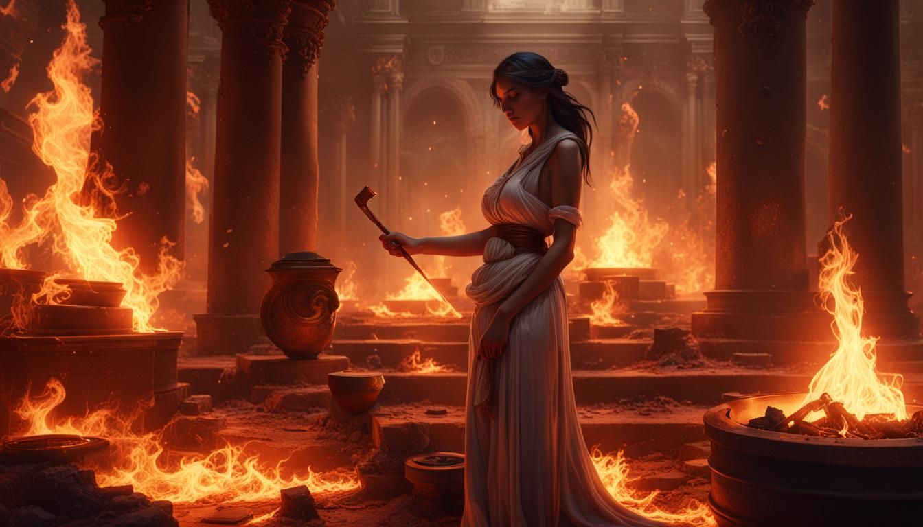 Hestia Tending the Fire: Dark Fantasy Concept Art