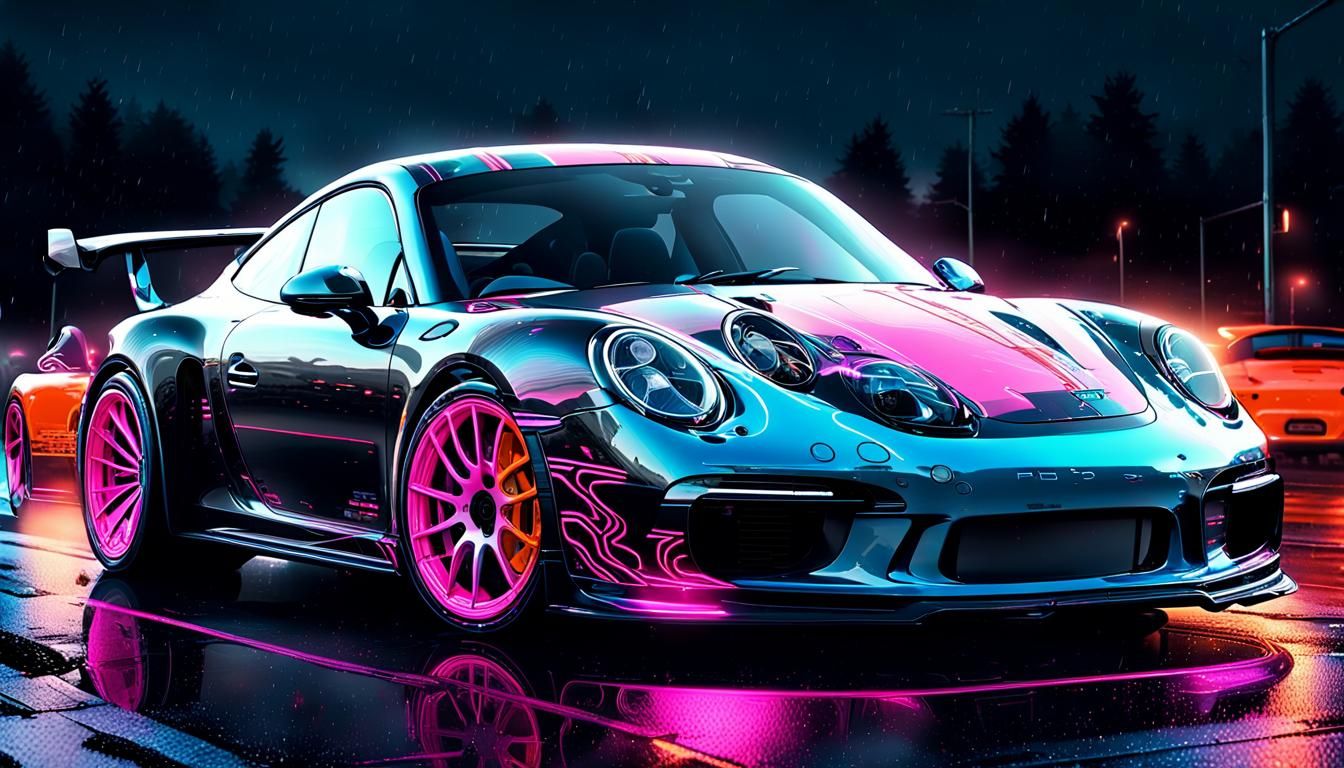 Neon Porsche in Cyberpunk Nightscape
