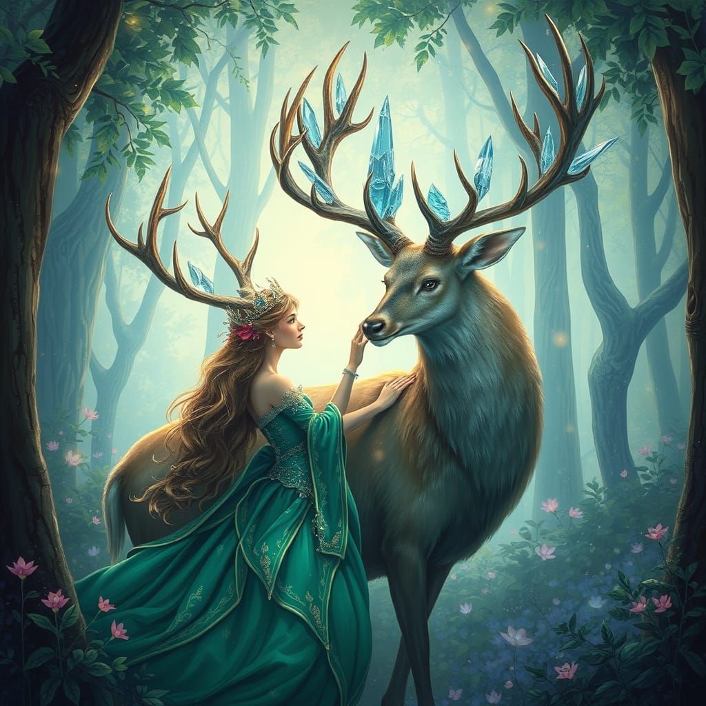 Princess and Crystal Deer in Dreamlike Forest