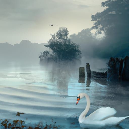 Swan on Misty Lake: Epic Cinematic Digital Painting