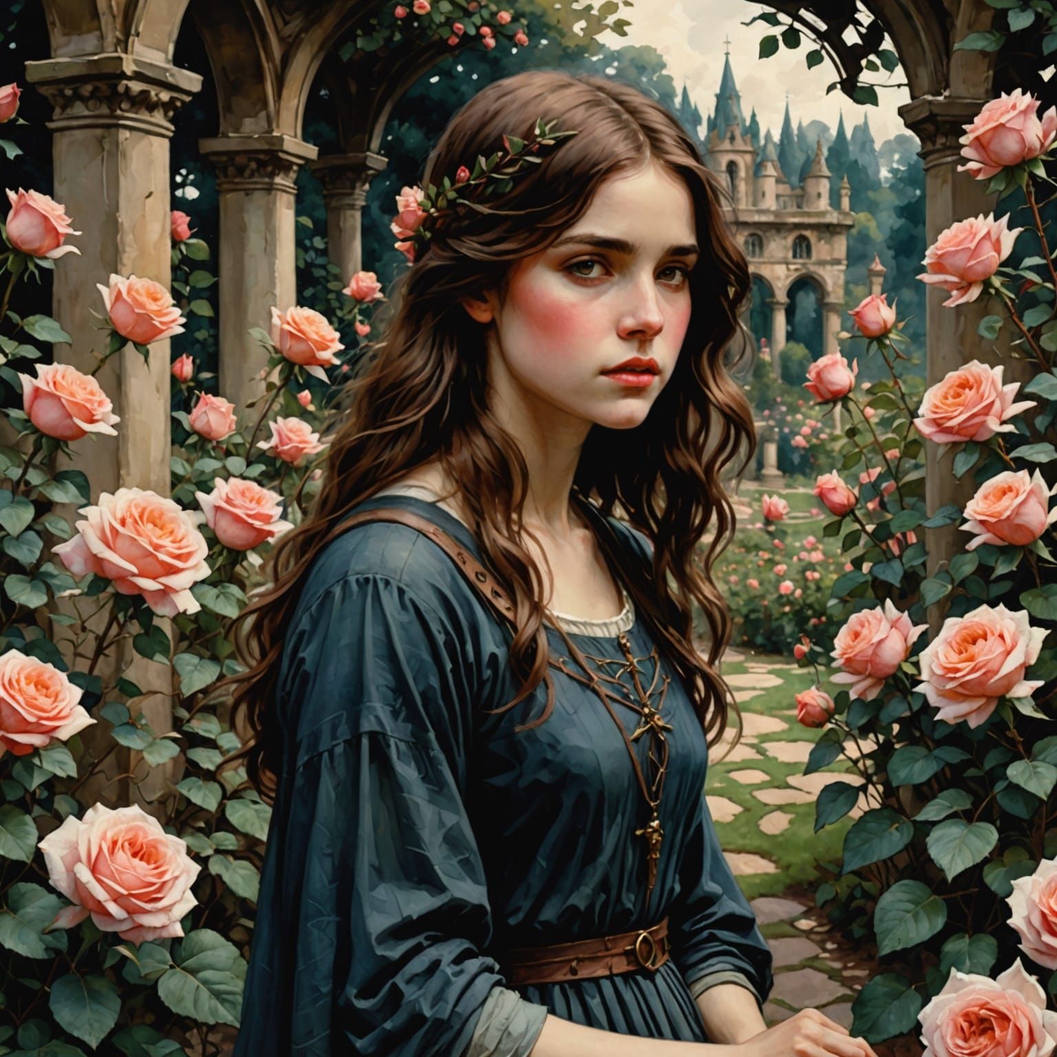 Ethereal Rose Garden Scene in Chiaroscuro Watercolor Style