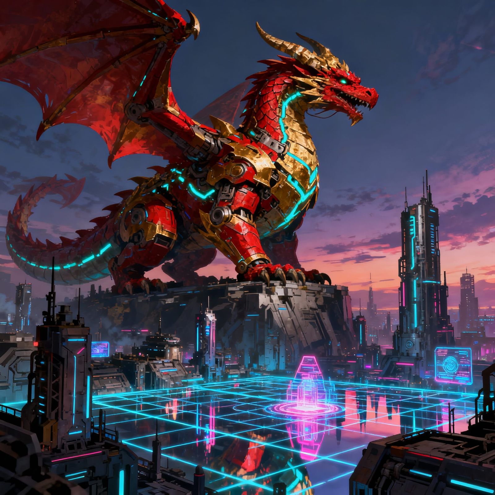 Colossal Mechanical Dragon Above Futuristic City