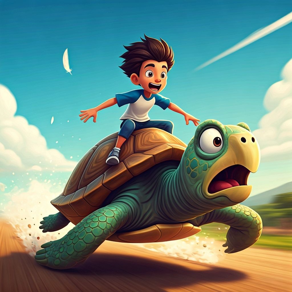 Boy Rides Giant Turtle in Animated Landscape