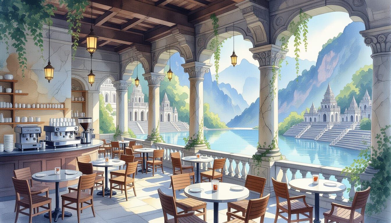 Tranquil Mountain Cafe in Abandoned Temple Watercolor