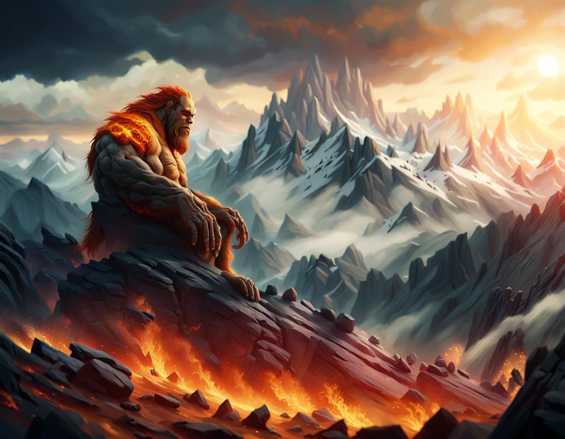 Fire Giant Sleeping on Misty Mountain Peak