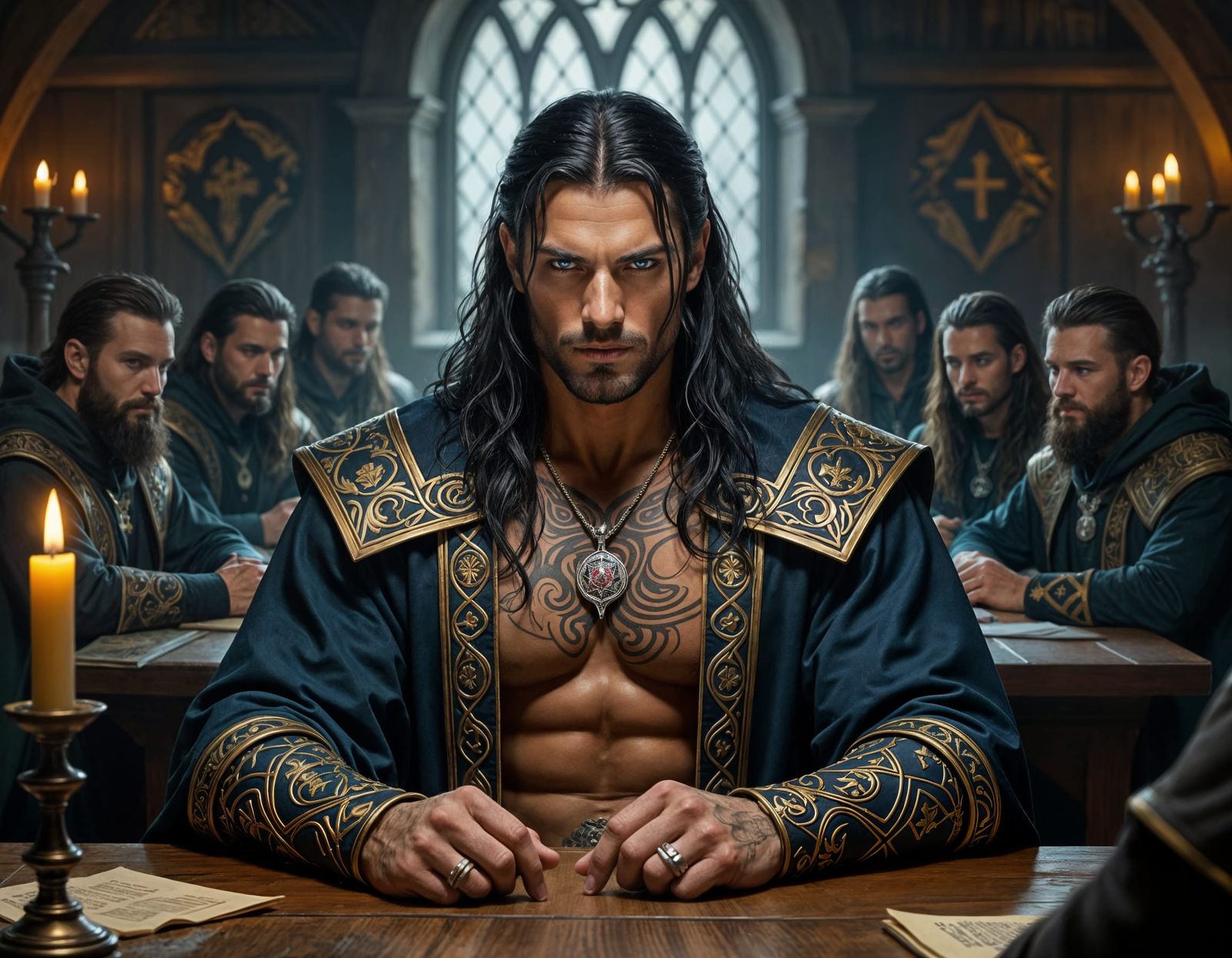 Muscular Male Witch in Elaborate Robes at Medieval Meeting