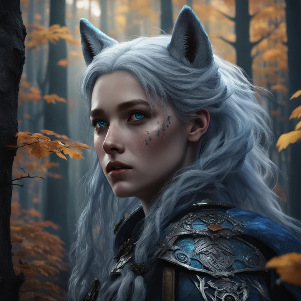Half-Wolf Girl in Forest, Detailed Fantasy Art