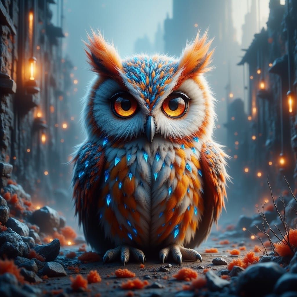 Colorful Fluffy Owl on a Roof