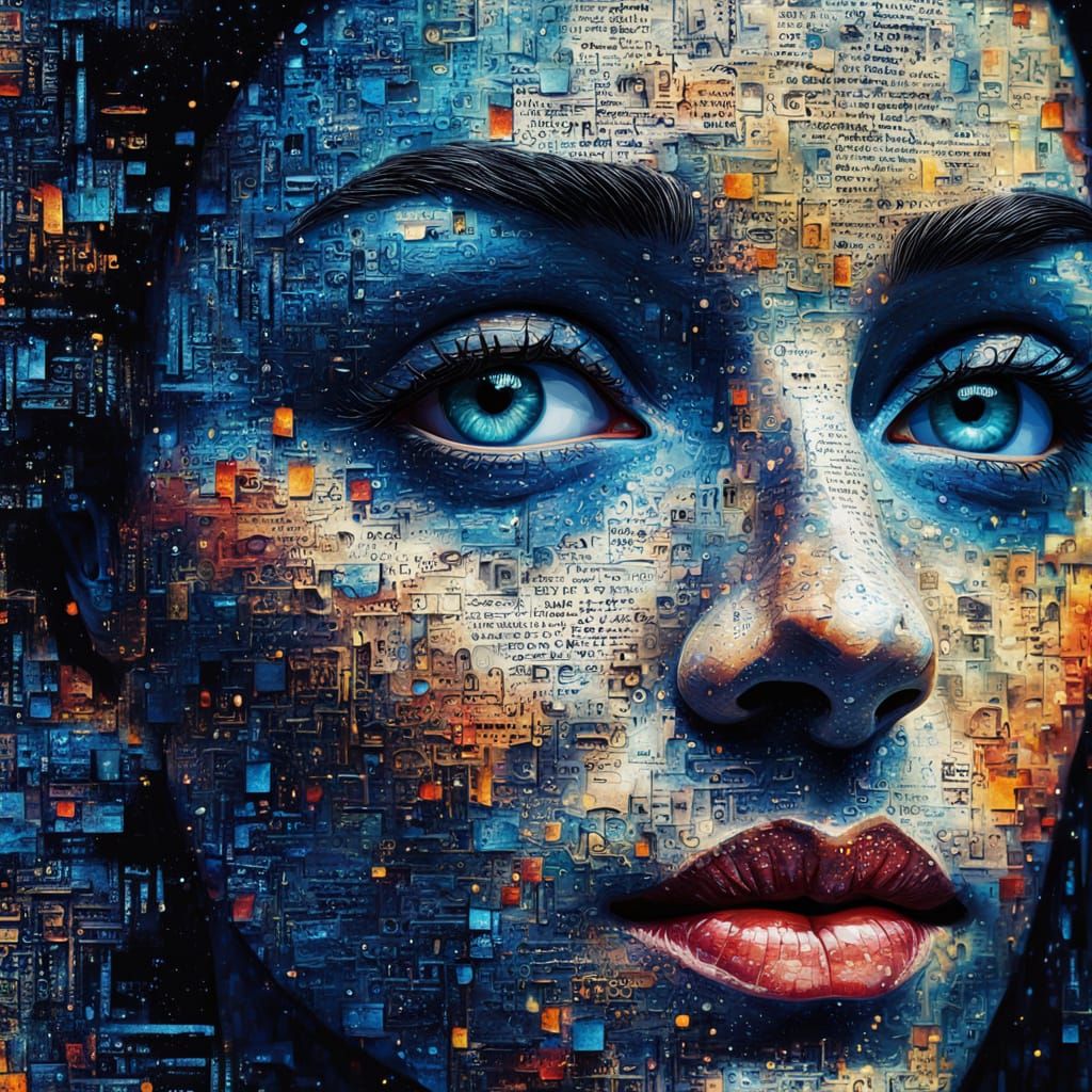 A hyper-realistic frontal face made up of dense layers of fr...