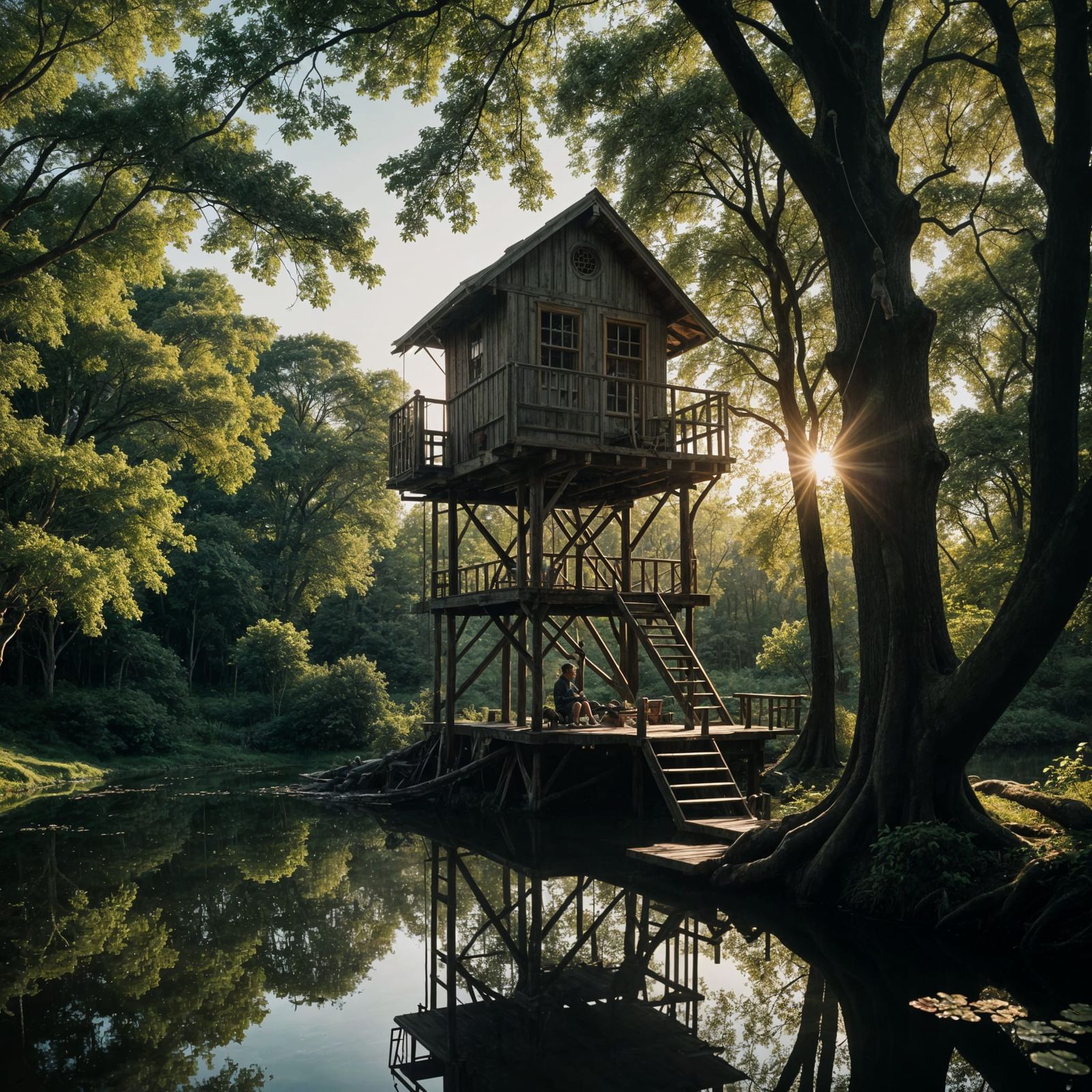 Boy Fishing in a Serene Treehouse Scene