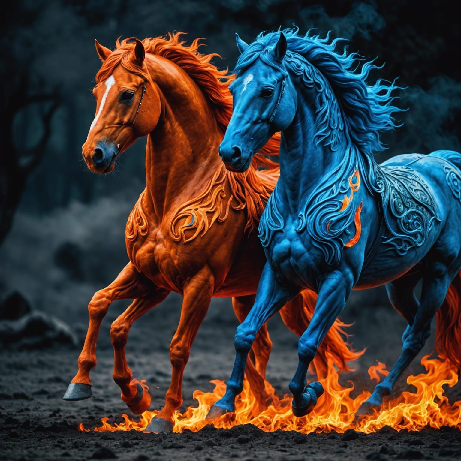 Flaming reddish orange horse and a blue fire horse