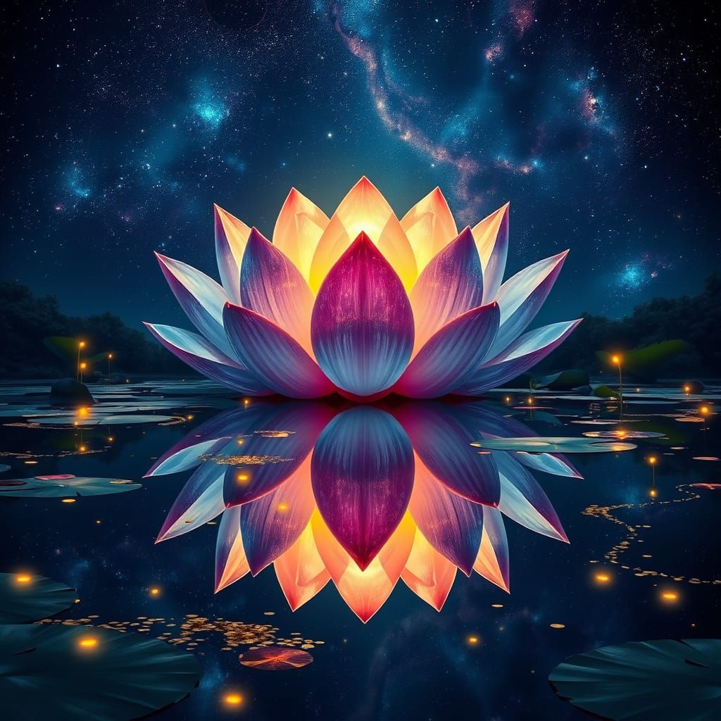 Cosmic Lotus Flower Reflected in Pond at Night