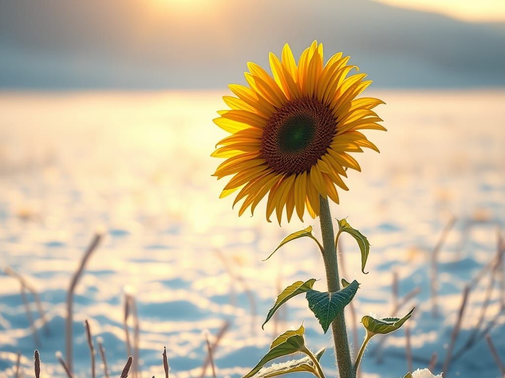 Sunflower Blooms in Winter Snow, Hyperrealistic Style