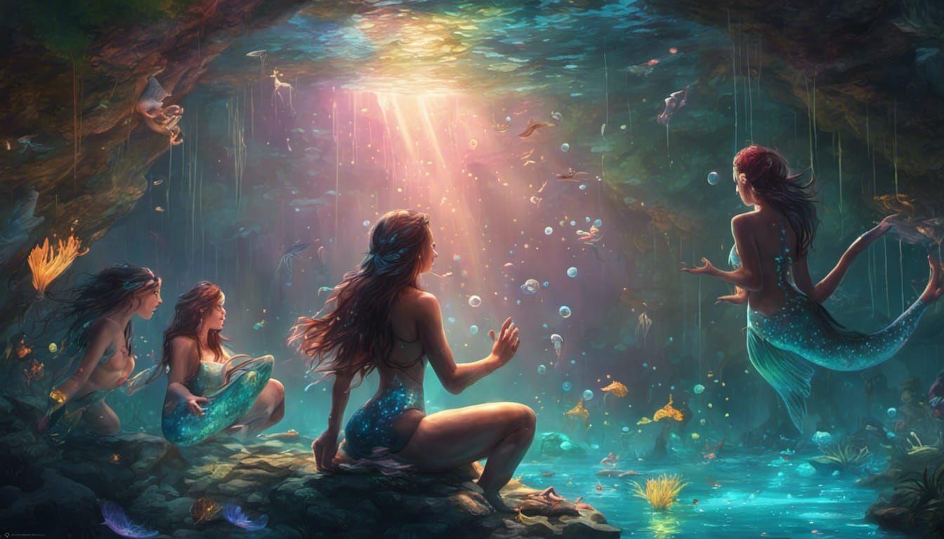 Mermaids in Bioluminescent Cenote: Hyperdetailed Concept Art