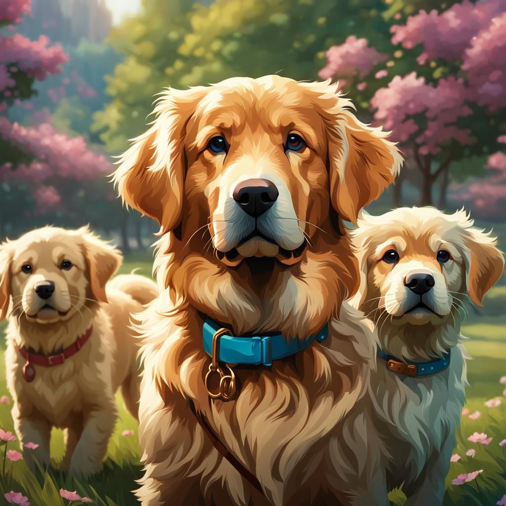 Golden Retriever and Puppies in the Park