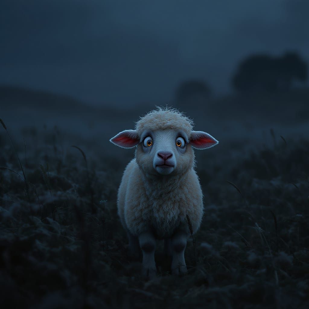 Fearful Lamb in Misty Meadow at Twilight