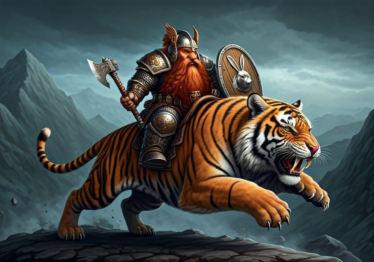 Dwarven Warrior Rides Tiger into Battle in Epic Fantasy Styl...
