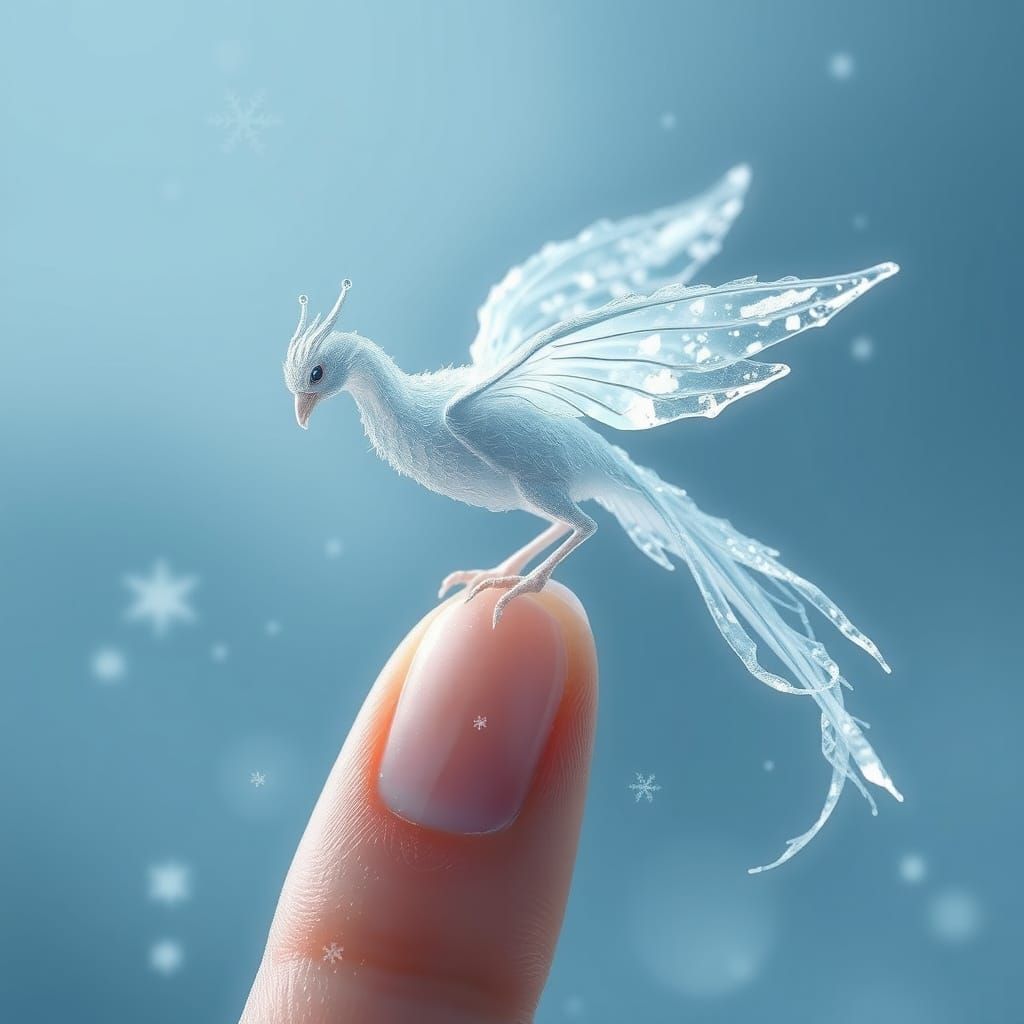 Frosty Ice Phoenix on Fingertip in Dreamy, Ethereal Style