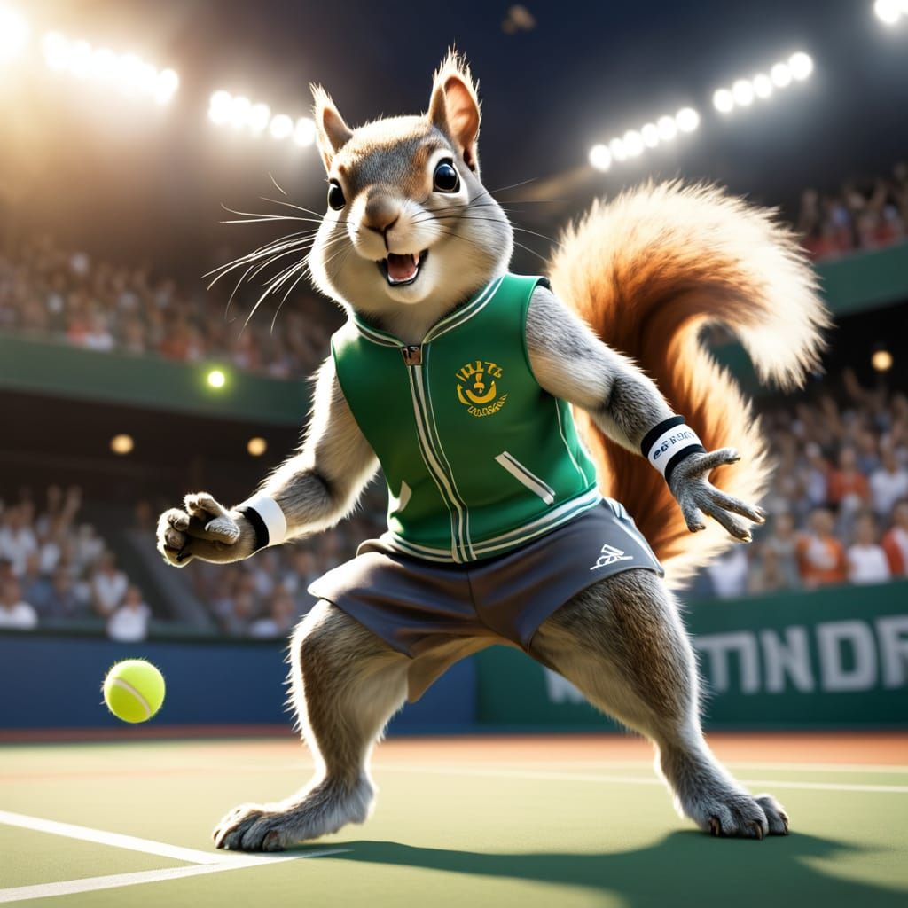 Squirrel Tennis Champion on Stadium Court