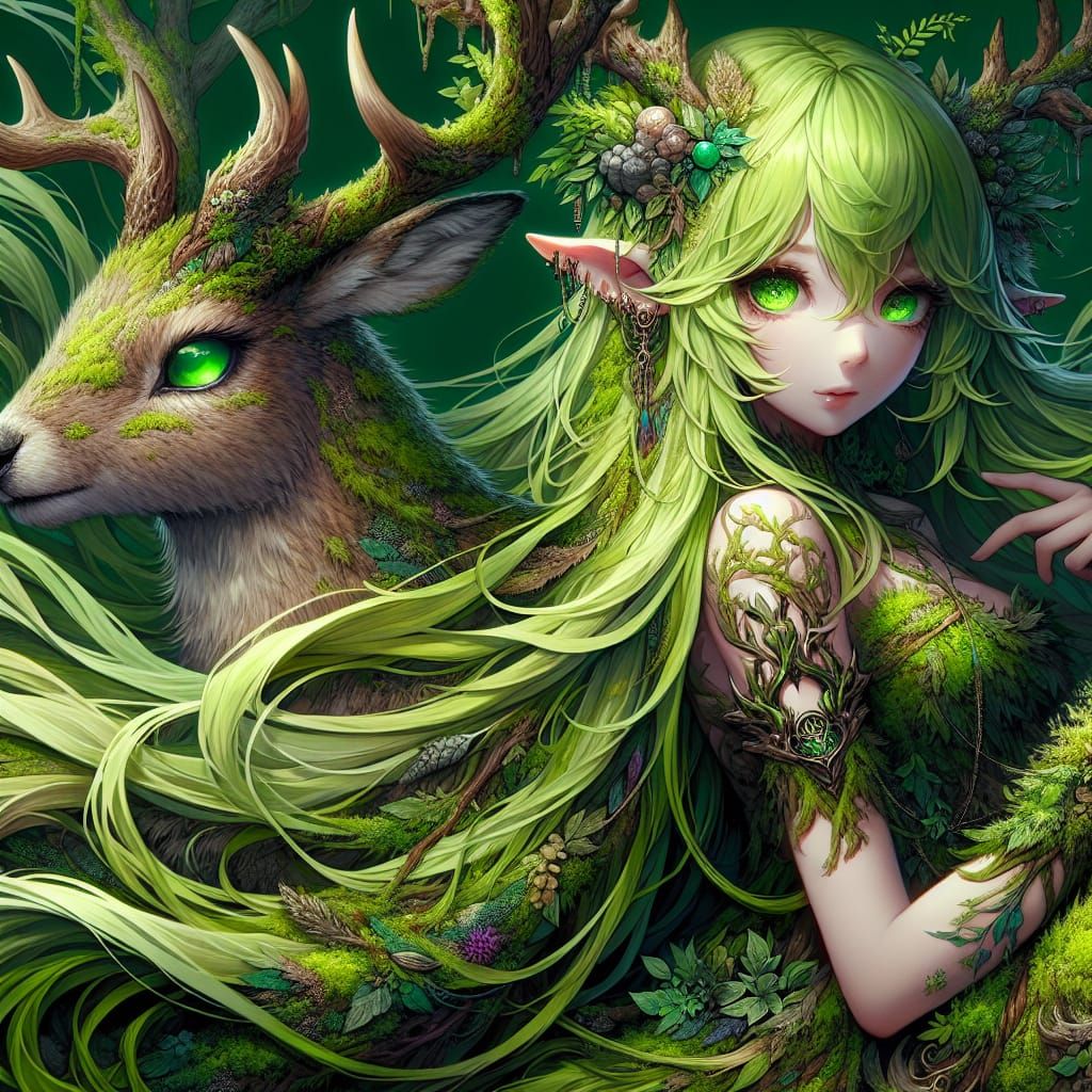 Anime Druid Girl with Jackalope in Fantasy Art