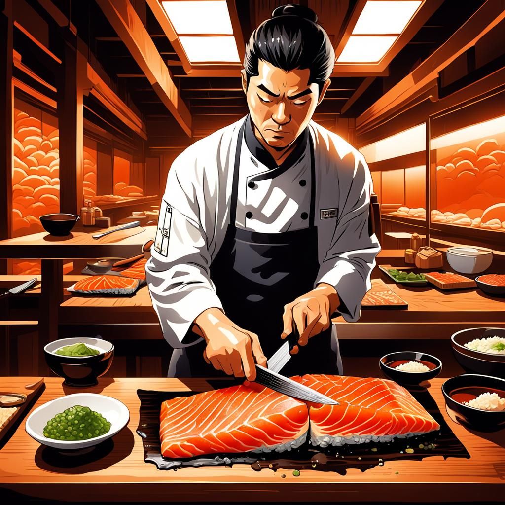 Japanese Sushi Chef Filleting Salmon in Kitchen