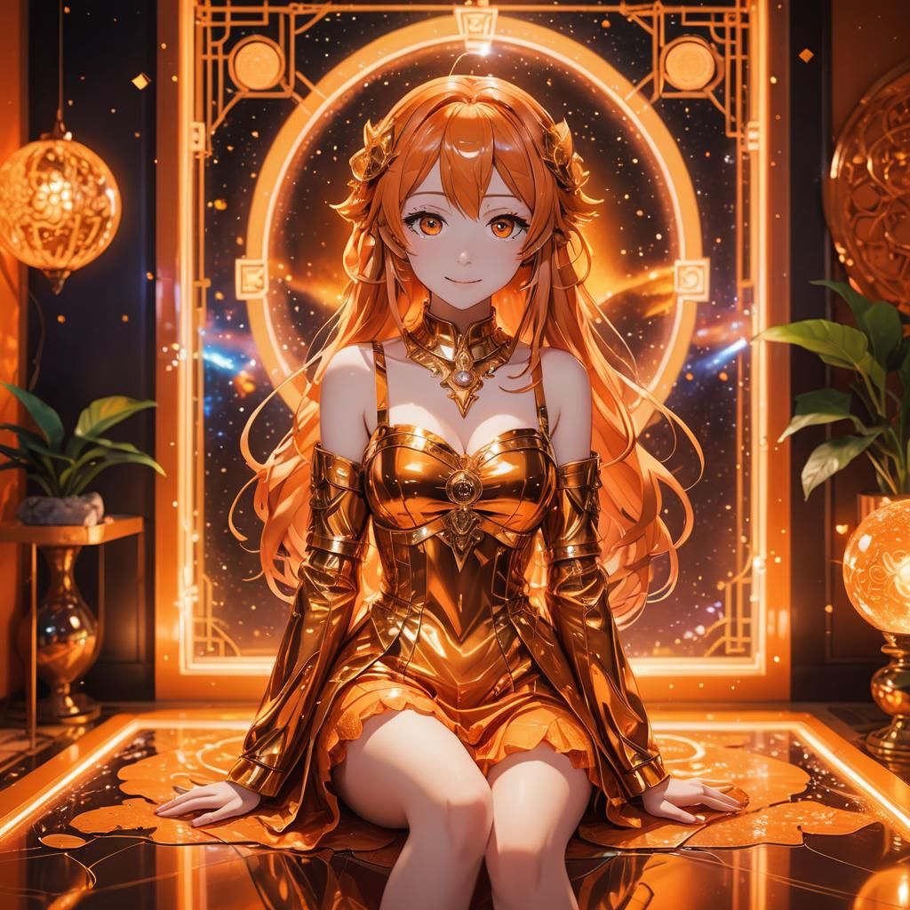 Anime Girl in Orange Hologram Light: Digital Art