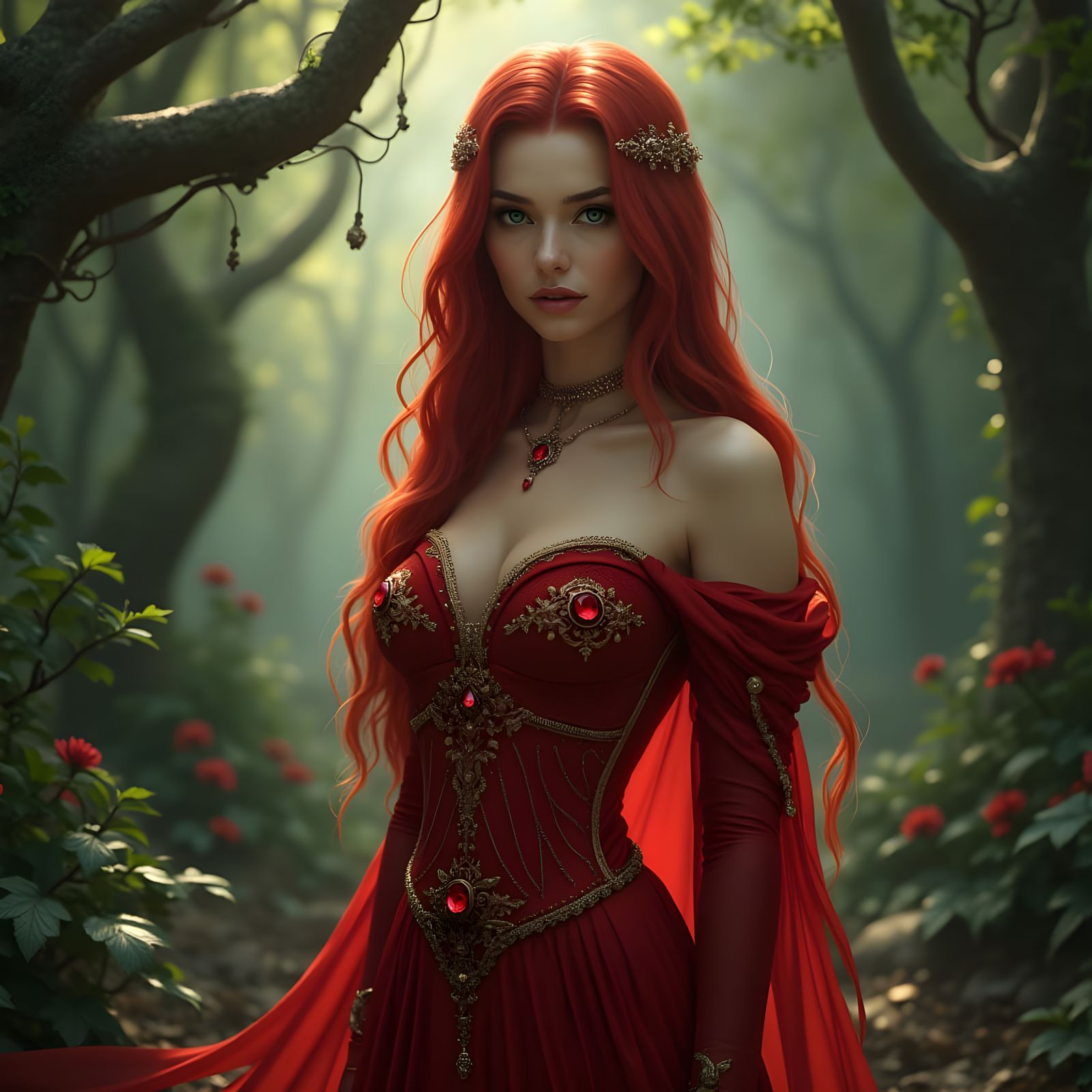 Enchanted Medieval Fantasy Witch in Red Gown and Ruby Neckla...