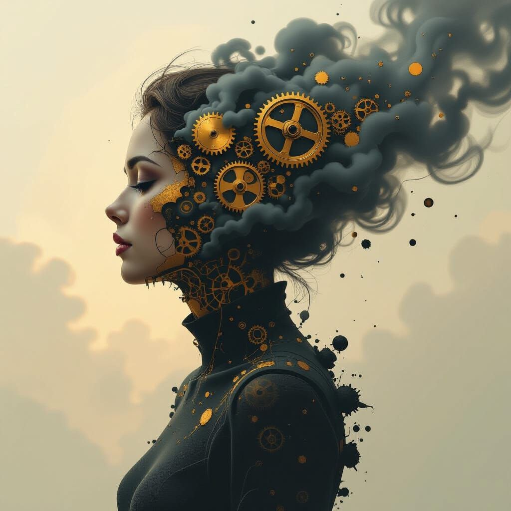 Clockwork Figure Dissolving into Smoke, Symbolizing Routine