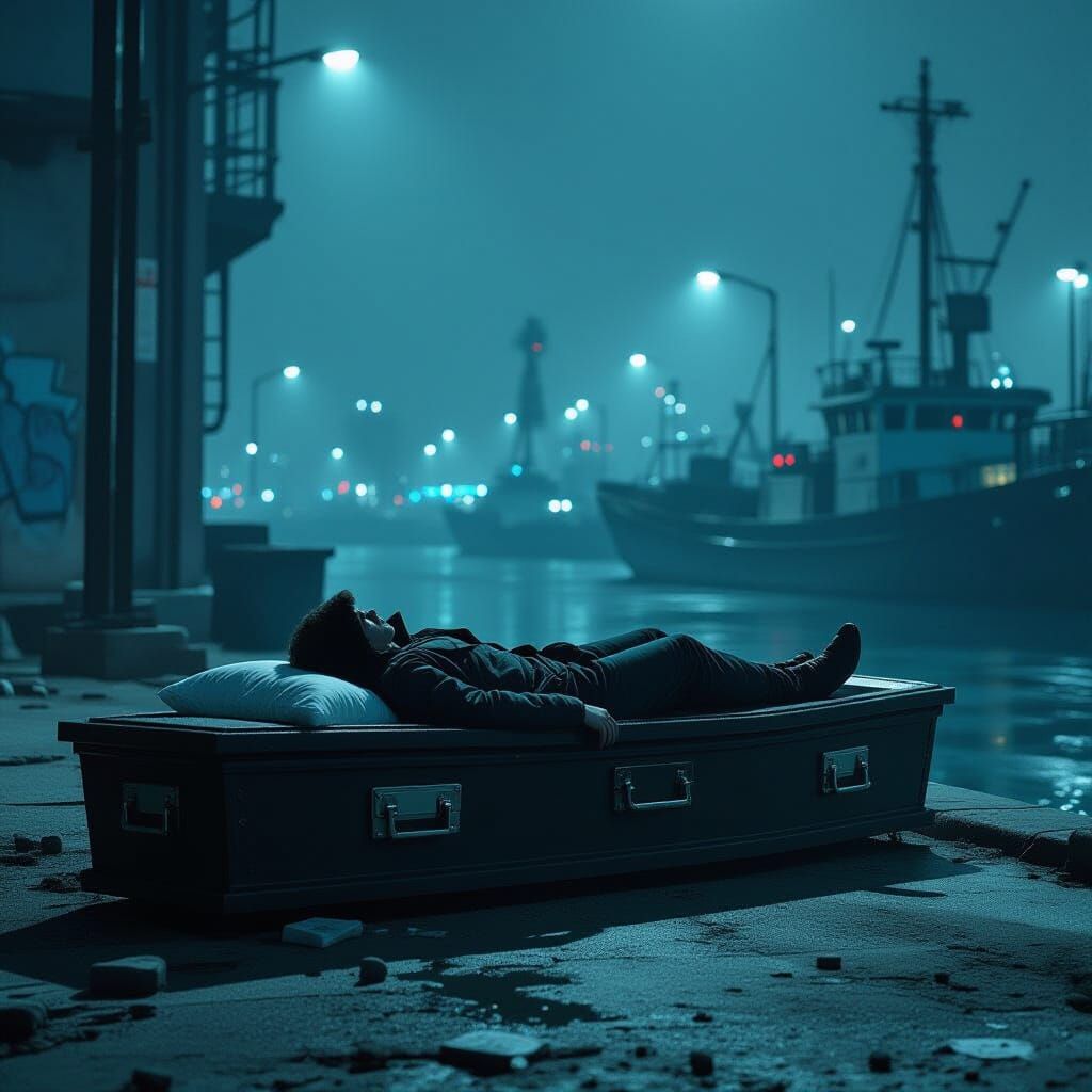 Dystopian Night City: Lone Figure in Cyberpunk Coffin
