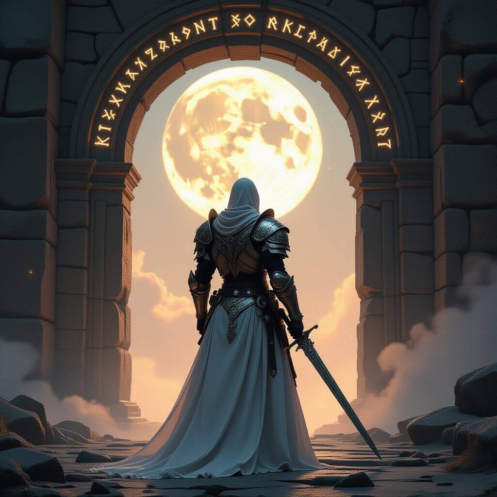 Spectral Knight Guards Ancient Archway in Chiaroscuro