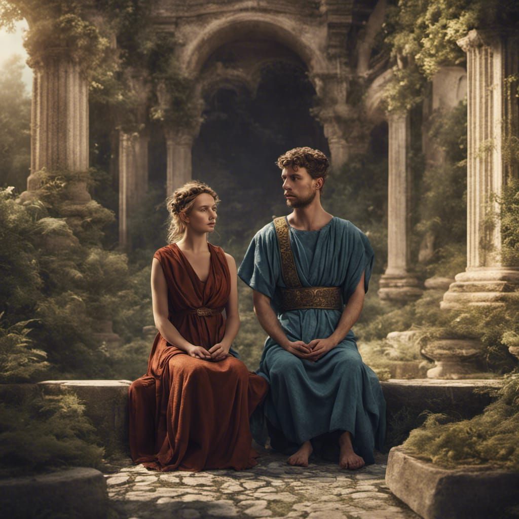 Roman Couple Meditating in Garden: Detailed Matte Painting