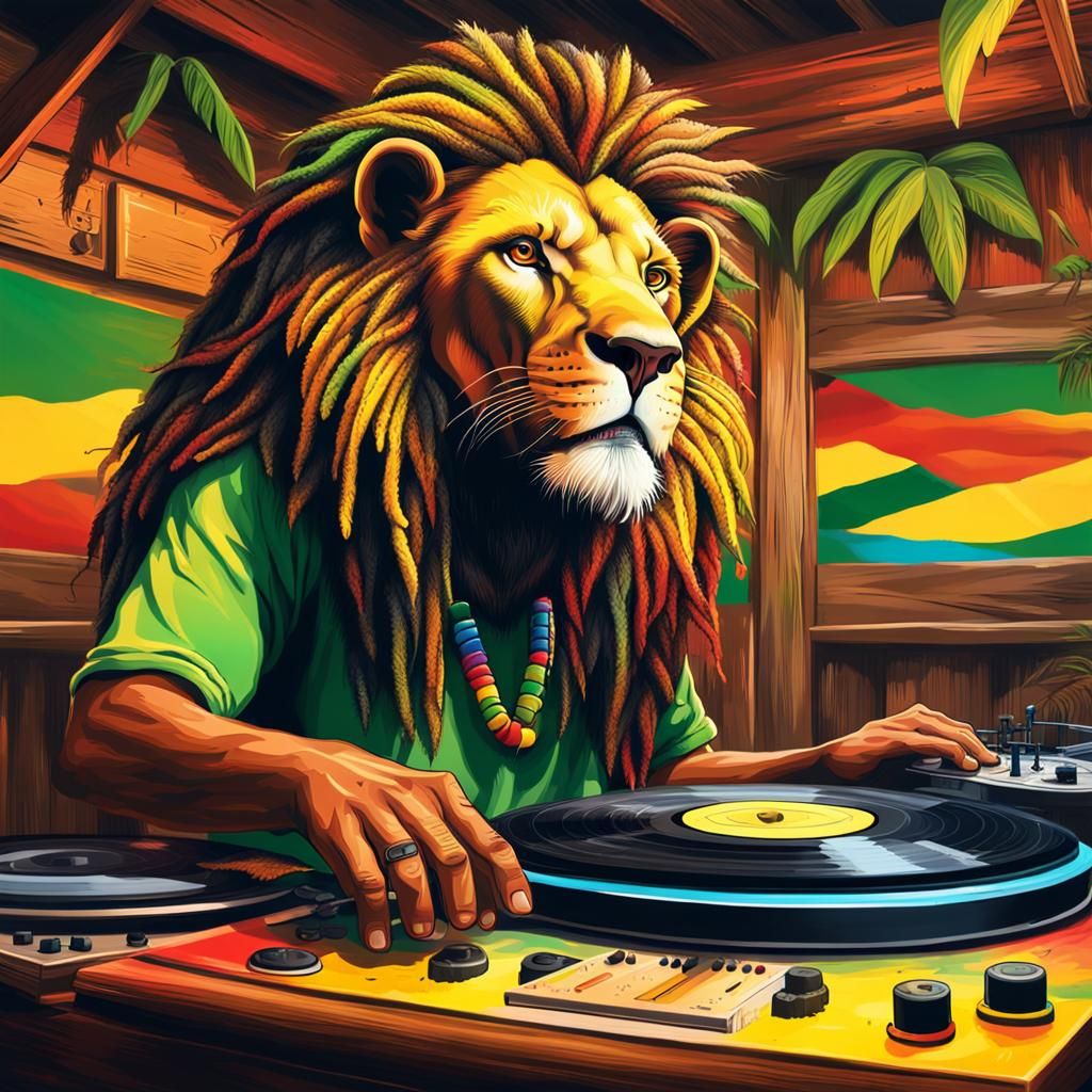 Hyperrealistic Reggae Lion DJ at Beach Shack