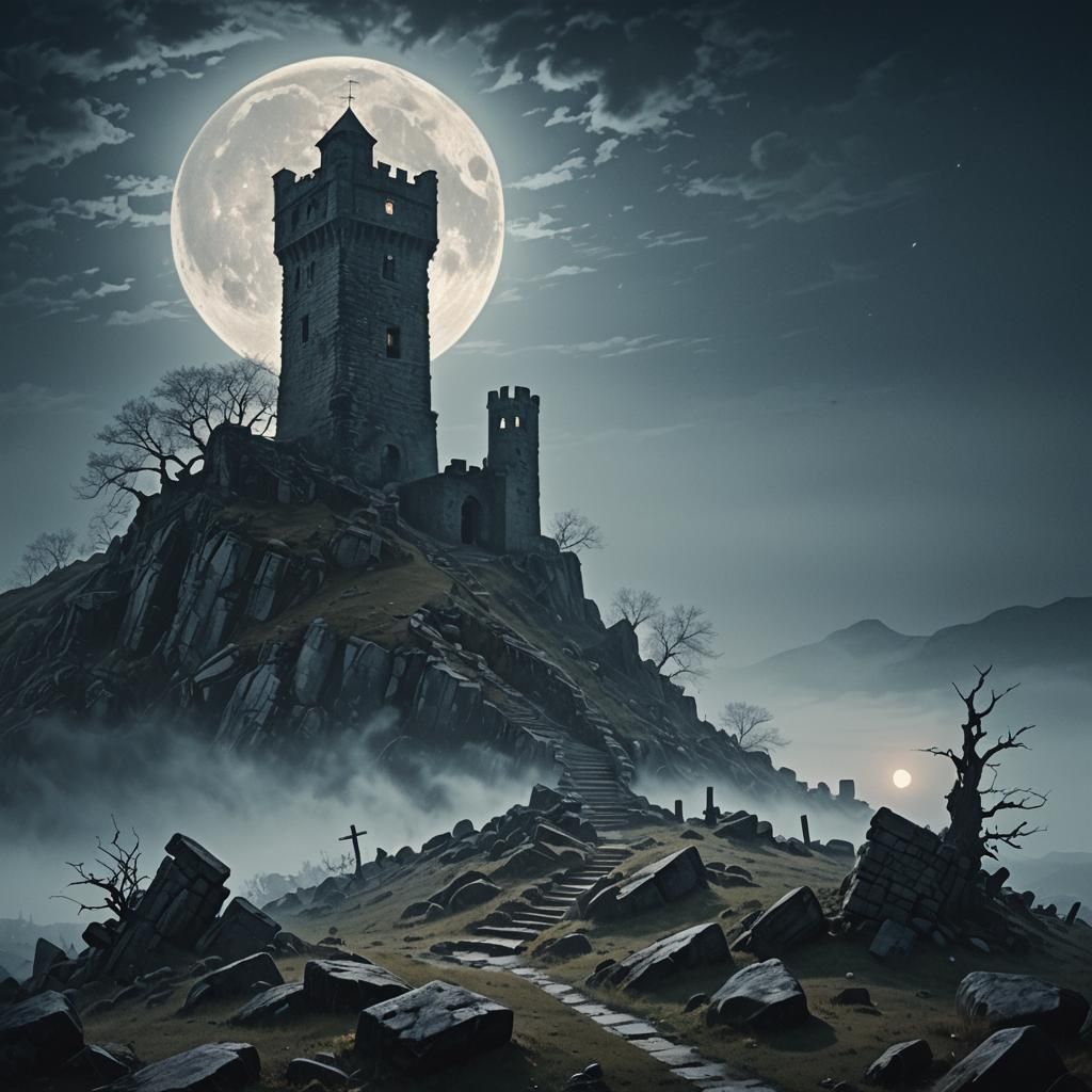 Ethereal Derelict Tower in Dark Fantasy Landscape