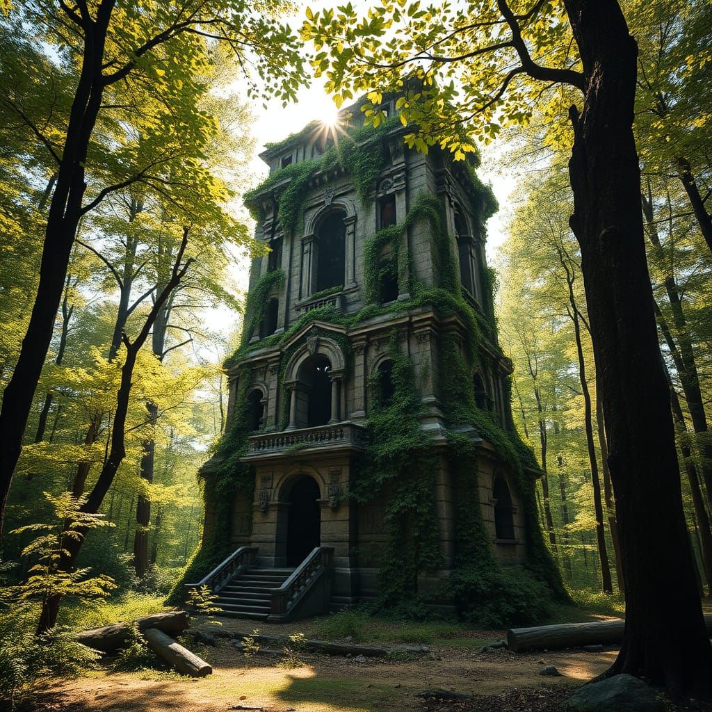 Ancient Stone Tower in Summer Forest, Photorealistic