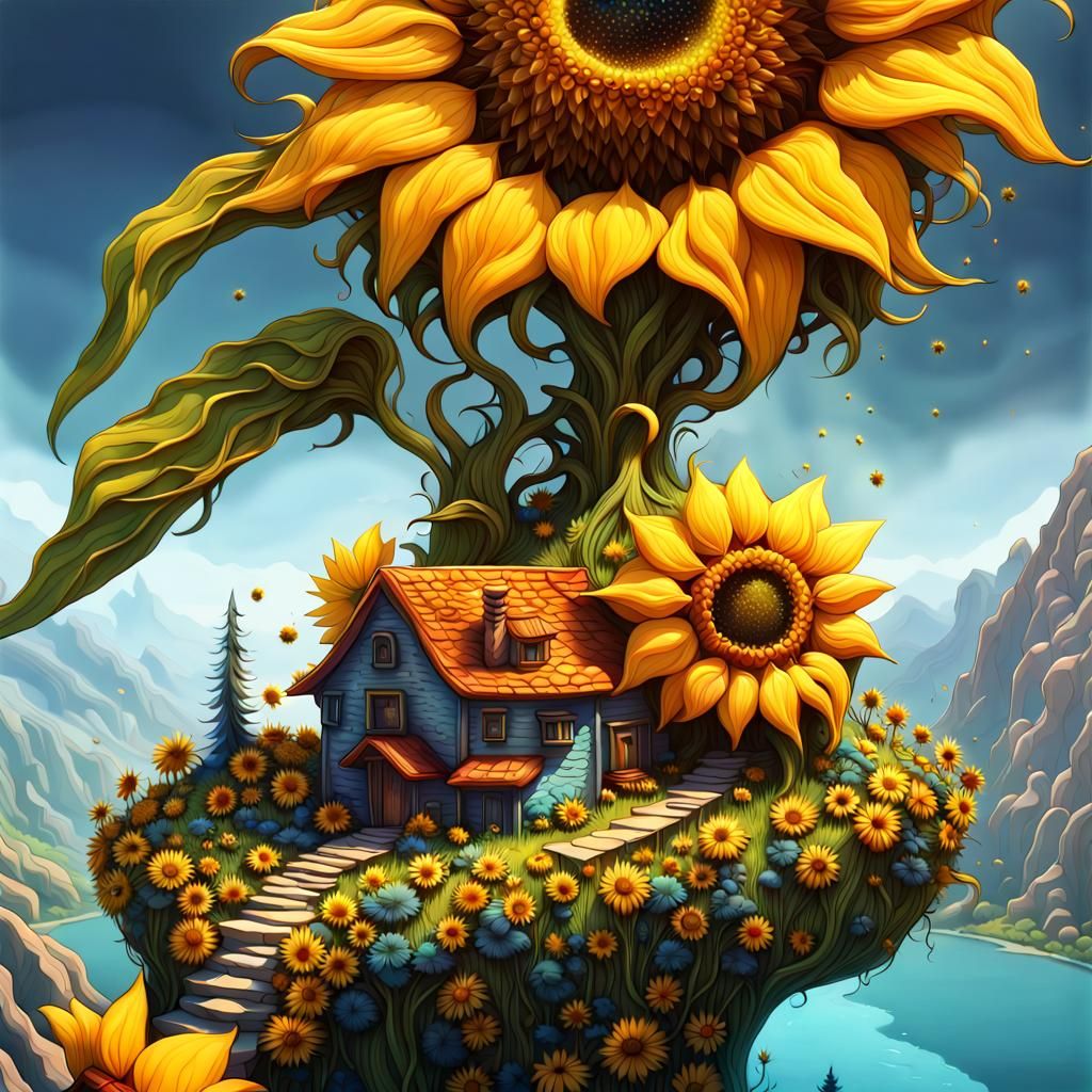 Mountain Village on Sunflower in Graphic Art Style