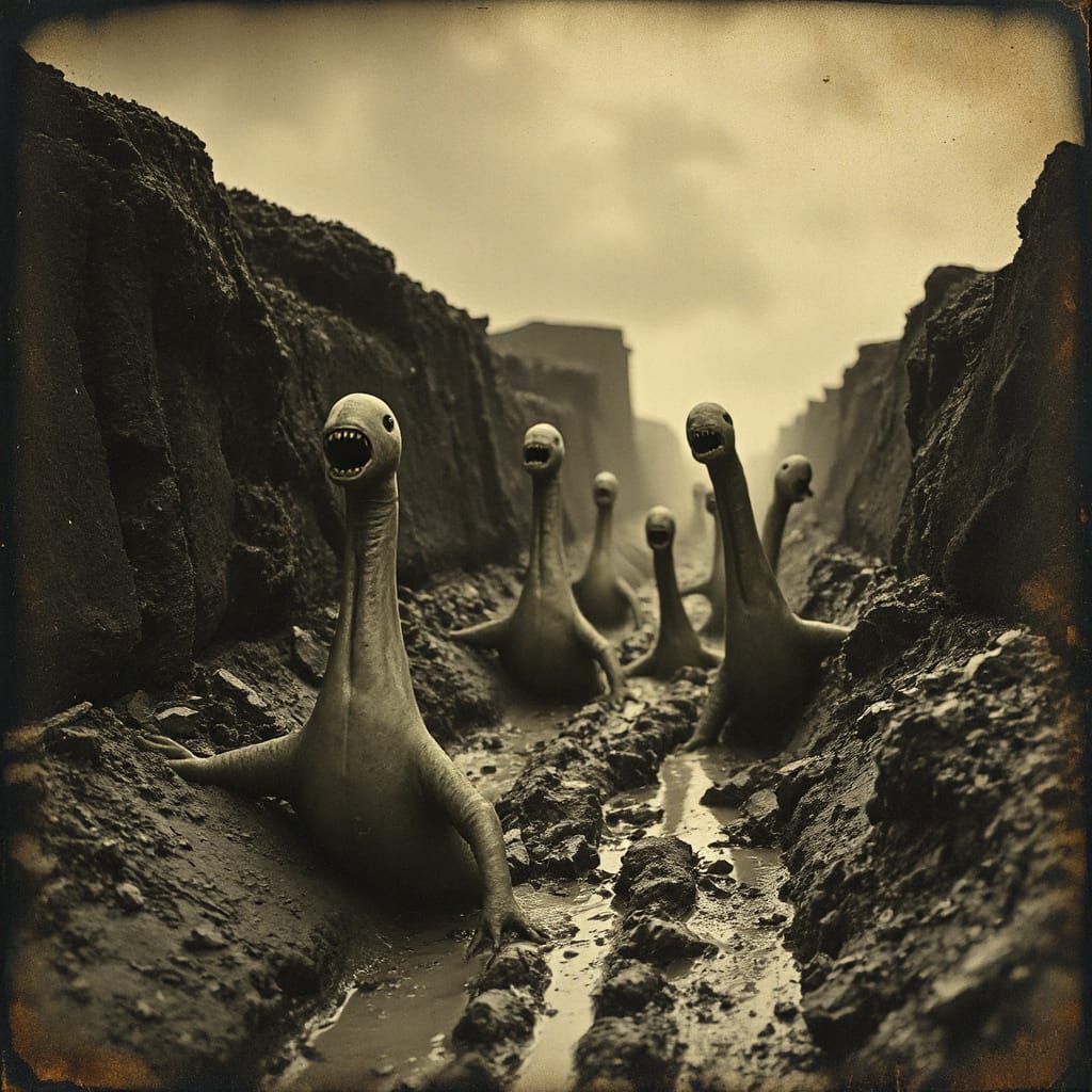 Surreal 1800s Trench Warfare with Monstrous Forms