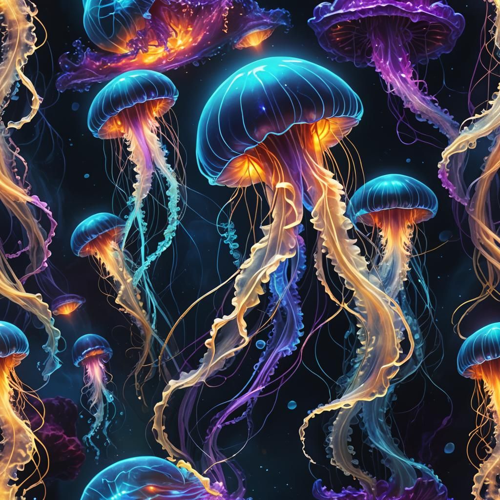 Glowing Jellyfish Drifts Through Dark Oceanic Abyss