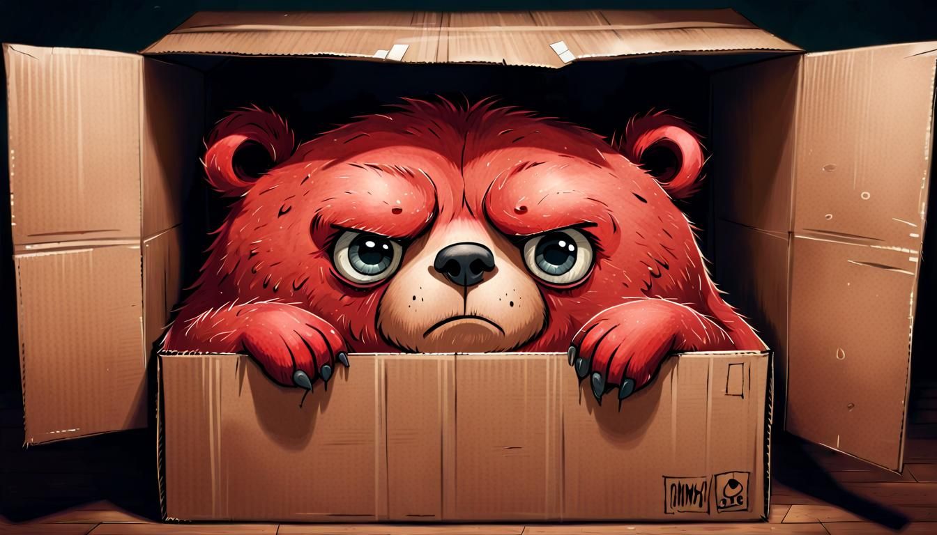 Grumpy Bear in Cardboard Box Storybook Art