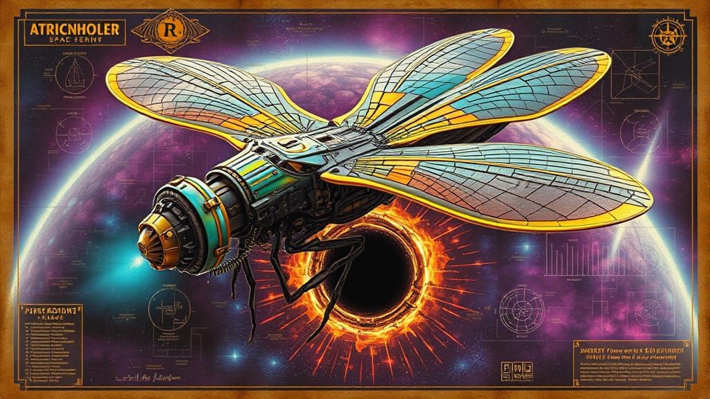 Dragonfly Spaceship Blueprint in Vintage Style