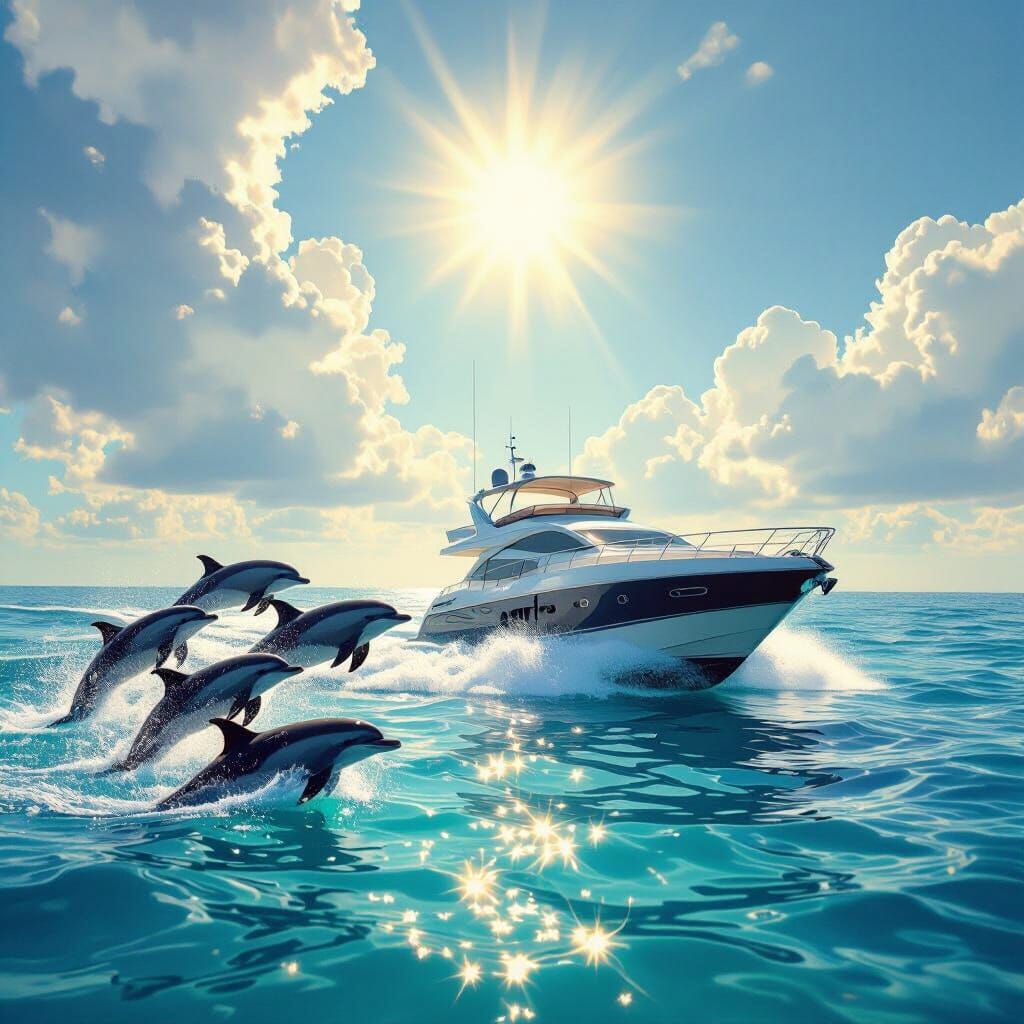 Dolphins Leap Beside Luxury Yacht on Sunlit Sea